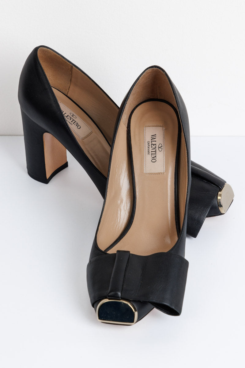 VALENTINO Black Leather Half Bow Block Heel Pumps