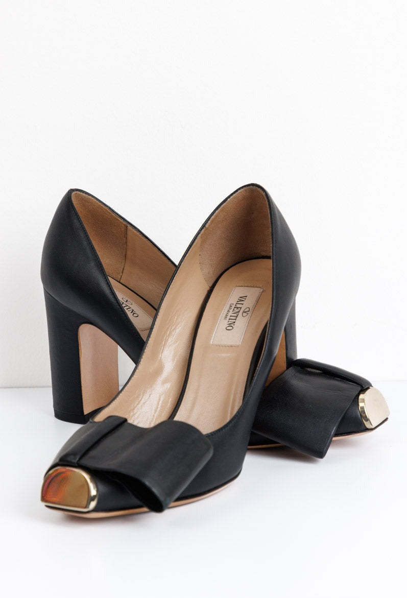 VALENTINO Black Leather Half Bow Block Heel Pumps