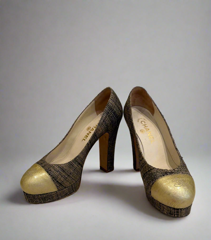 CHANEL Gold & Woven Tweed Round Toe Platform Pumps Size 37.5 - Elegant Luxury