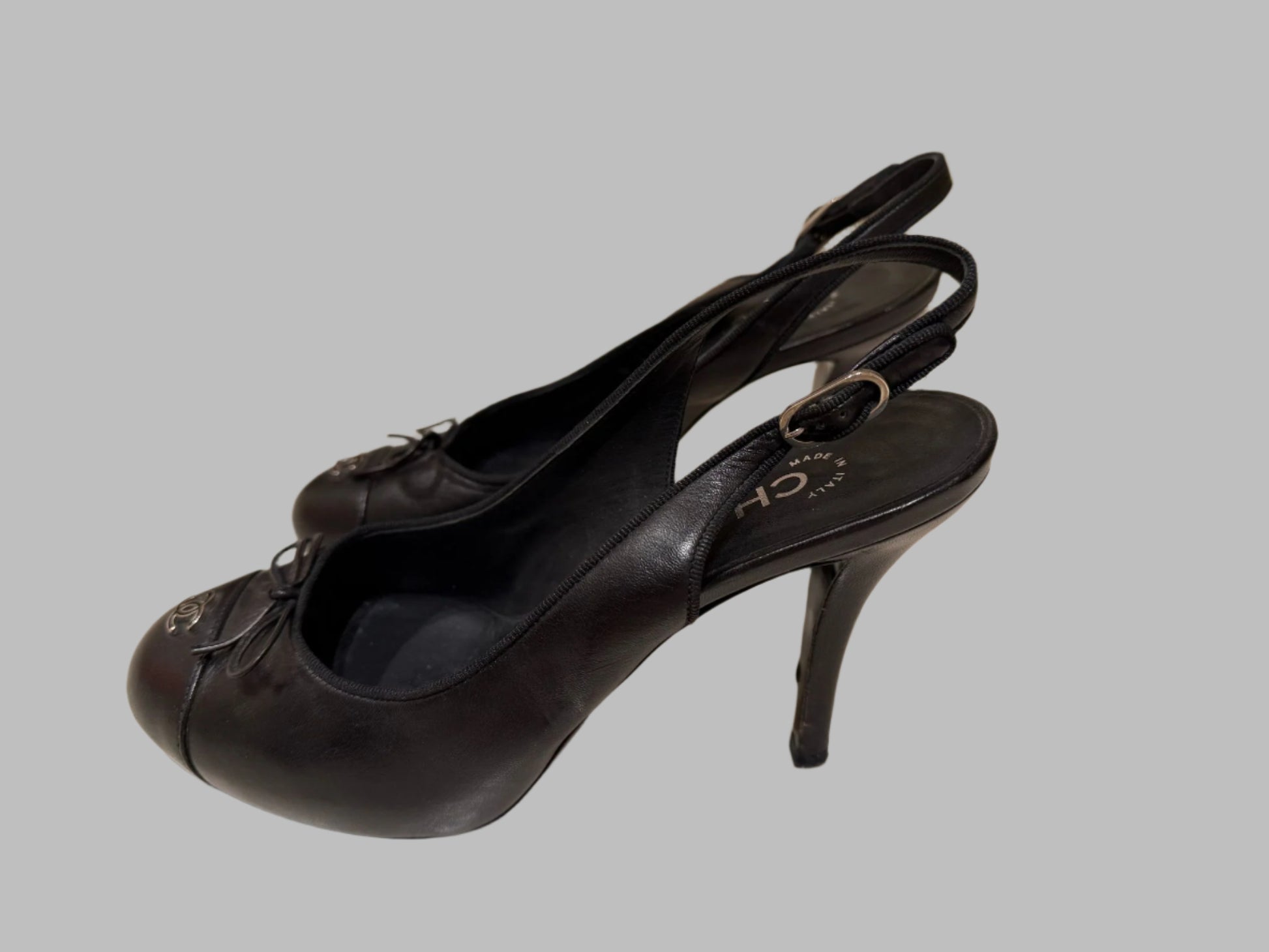CHANEL Black Leather Slingback Heels