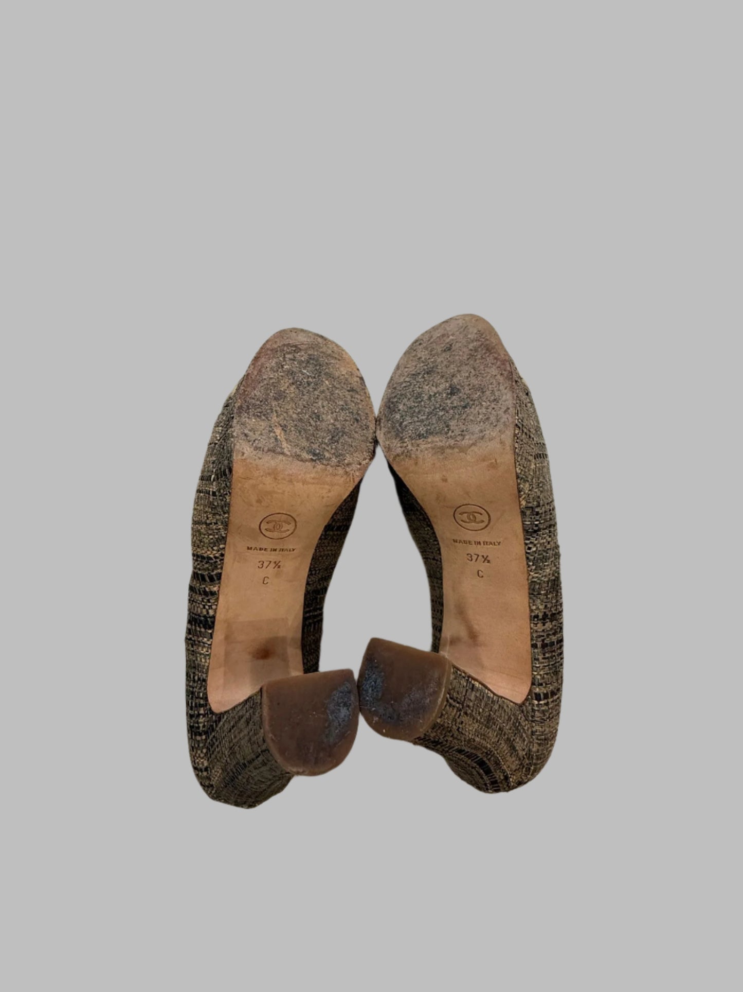 CHANEL Gold Leather & Woven Jute Round Toe Platform Pumps Size 37.5