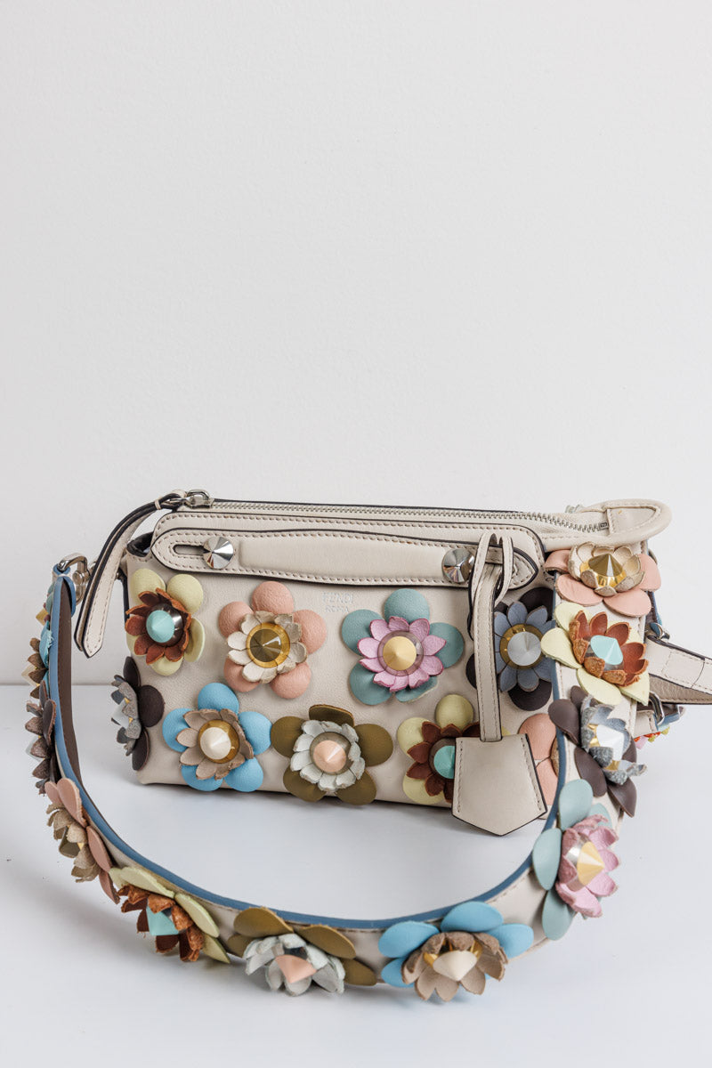 FENDI Off White Leather Mini By The Way Flowerland Crossbody Bag | Signature Sophistication and Style
