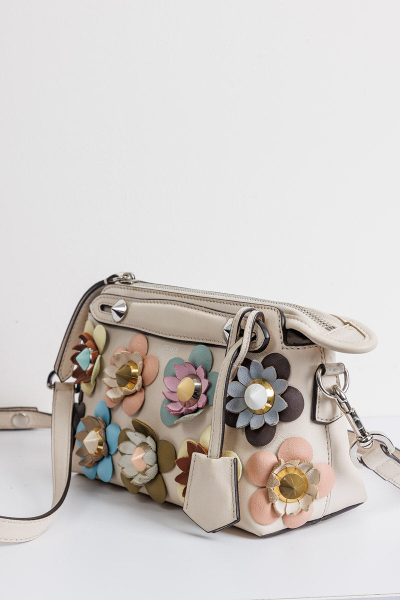 FENDI Off White Leather Mini By The Way Flowerland Crossbody Bag | Signature Sophistication and Style