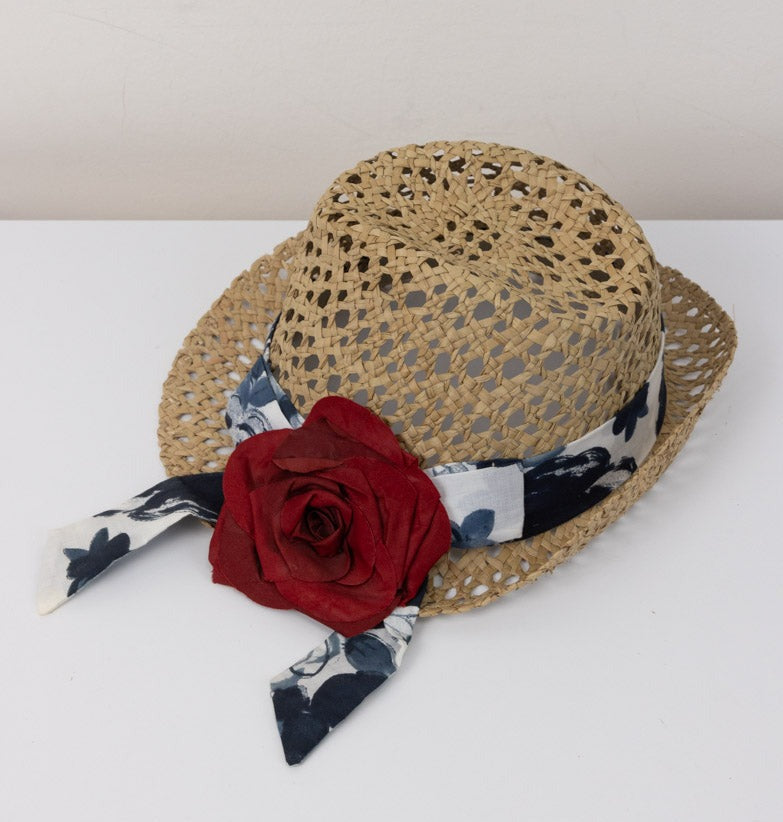 MONNALISA Elegant Beige Straw Hat with Ribbon and Red Rose