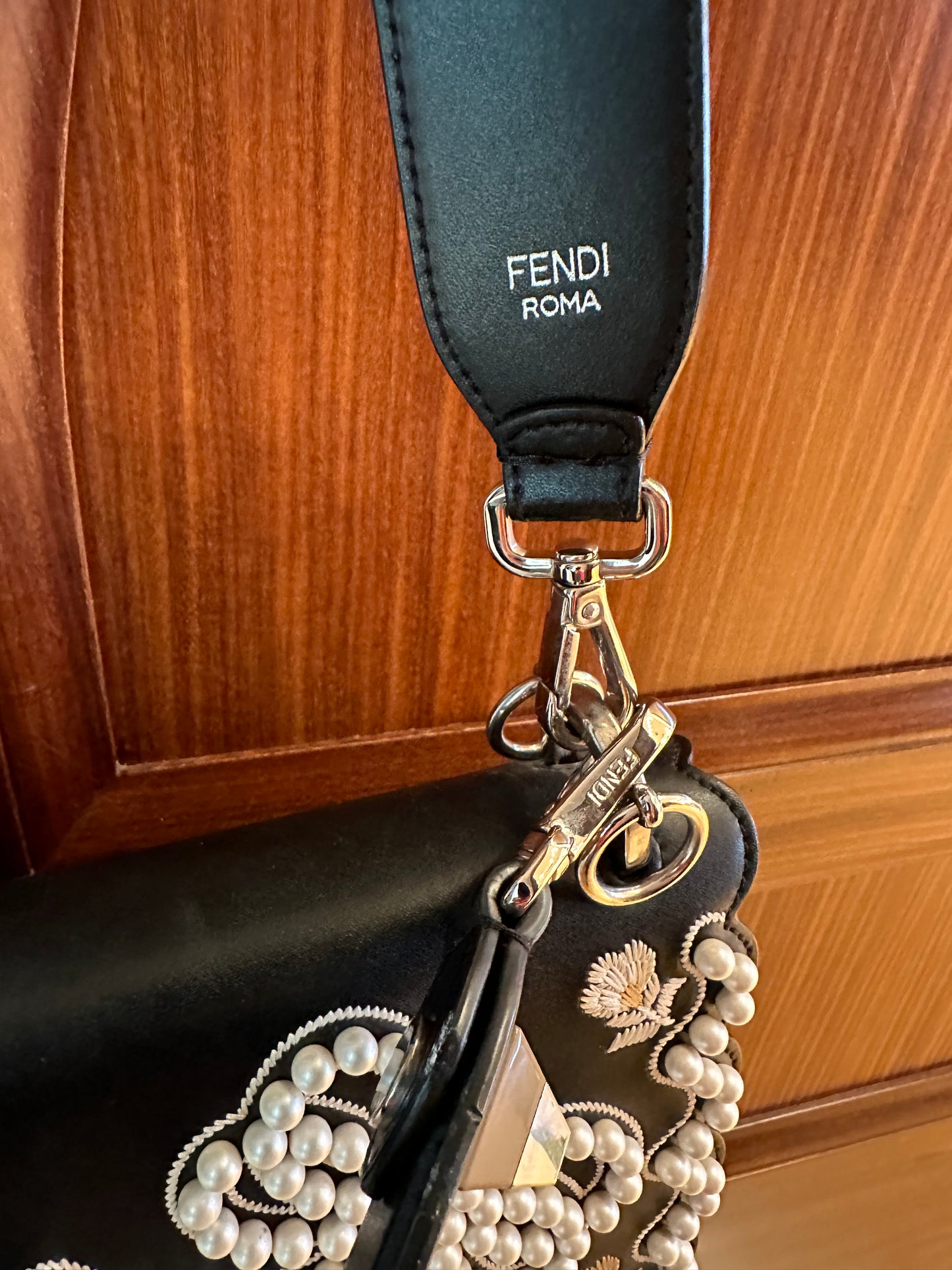 FENDI Black Leather Shoulder Bag with Pearls