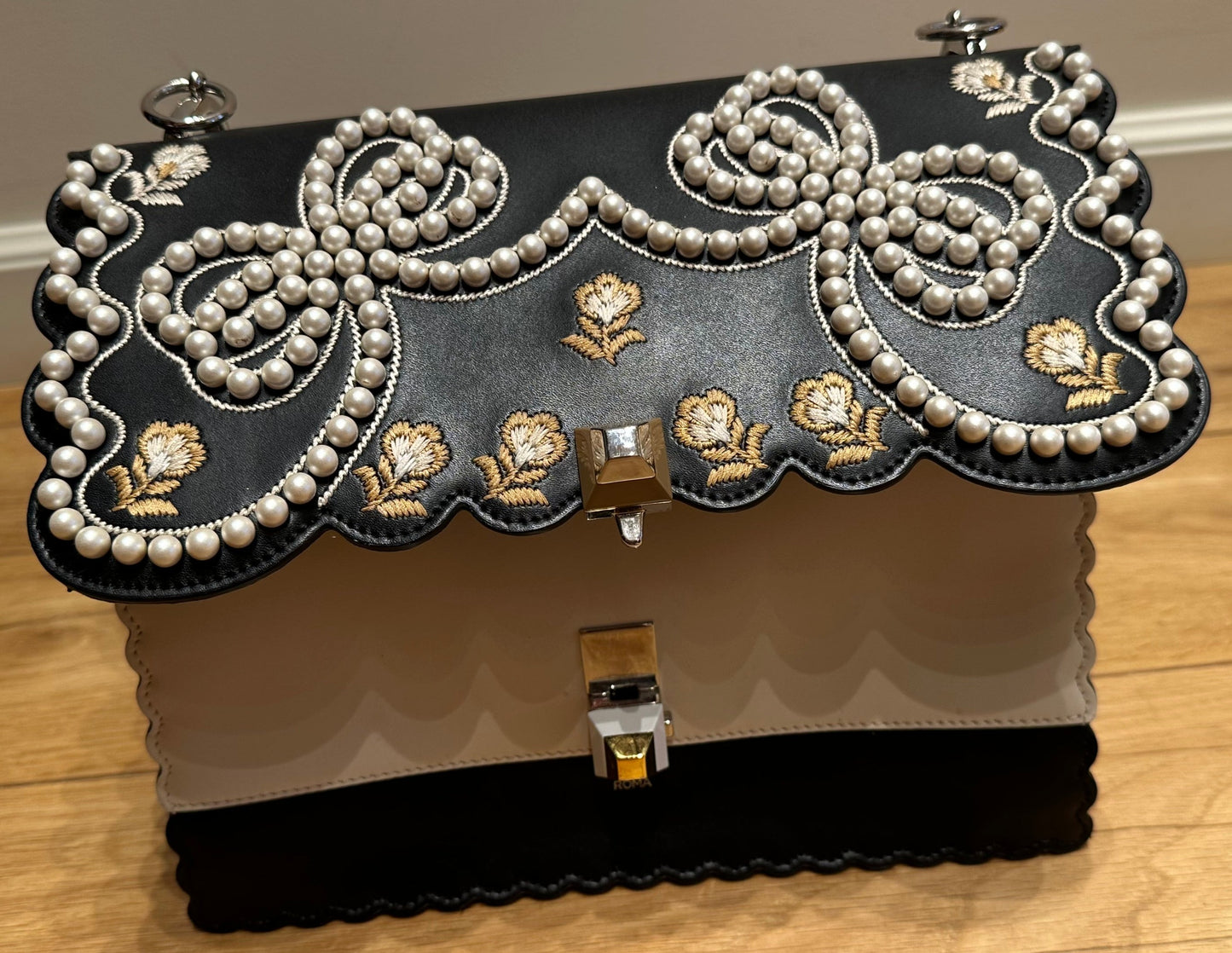 FENDI Black Leather Shoulder Bag with Pearls