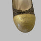 CHANEL Gold Leather & Woven Jute Round Toe Platform Pumps Size 37.5