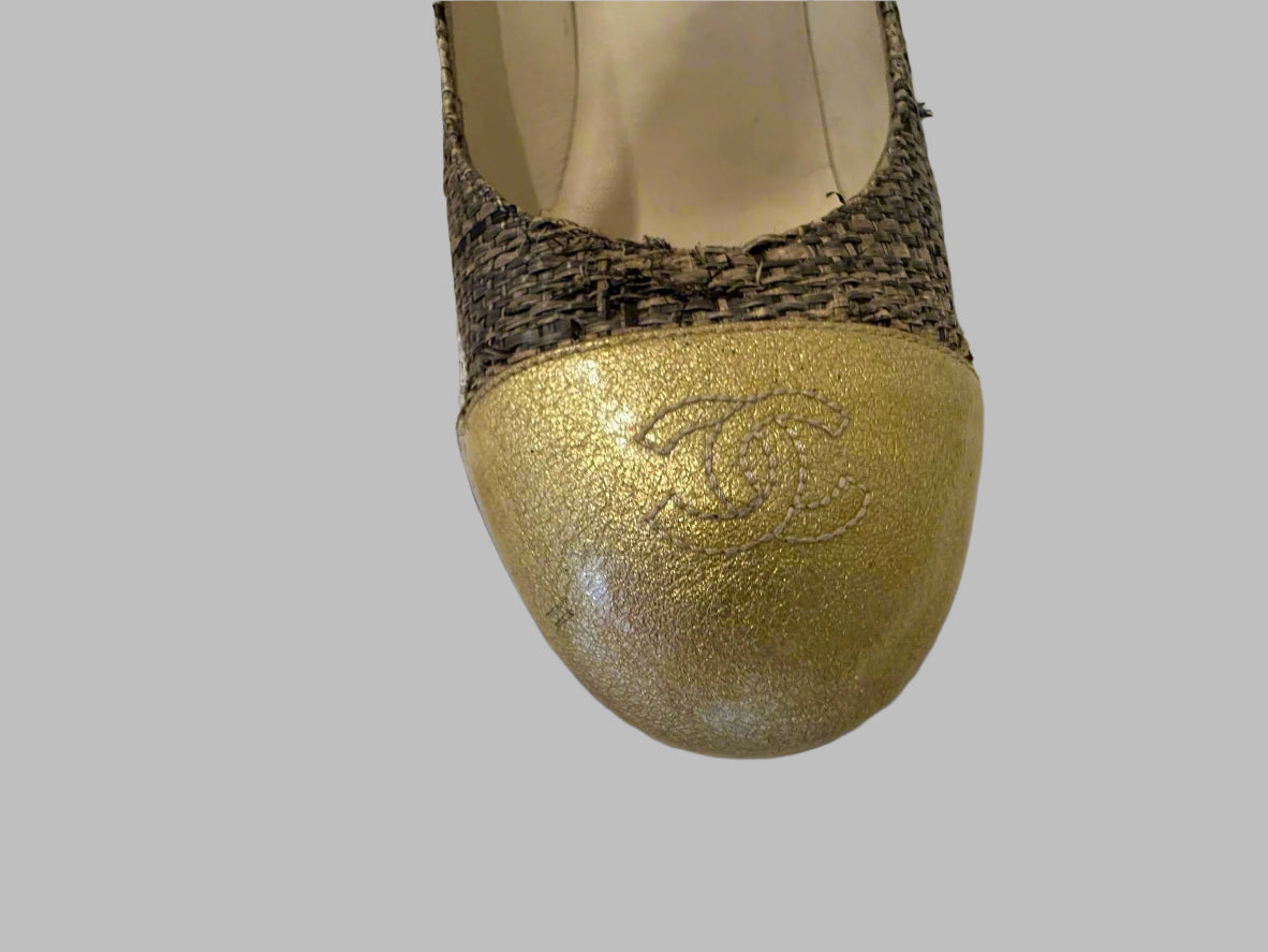 CHANEL Gold Leather & Woven Jute Round Toe Platform Pumps Size 37.5