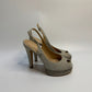  CHANEL Grey Canvas Peep Toe Slingback Platform Sandals, size 38. The shoes feature a peep toe design with a grey canvas upper, a platform heel, and a slingback strap.