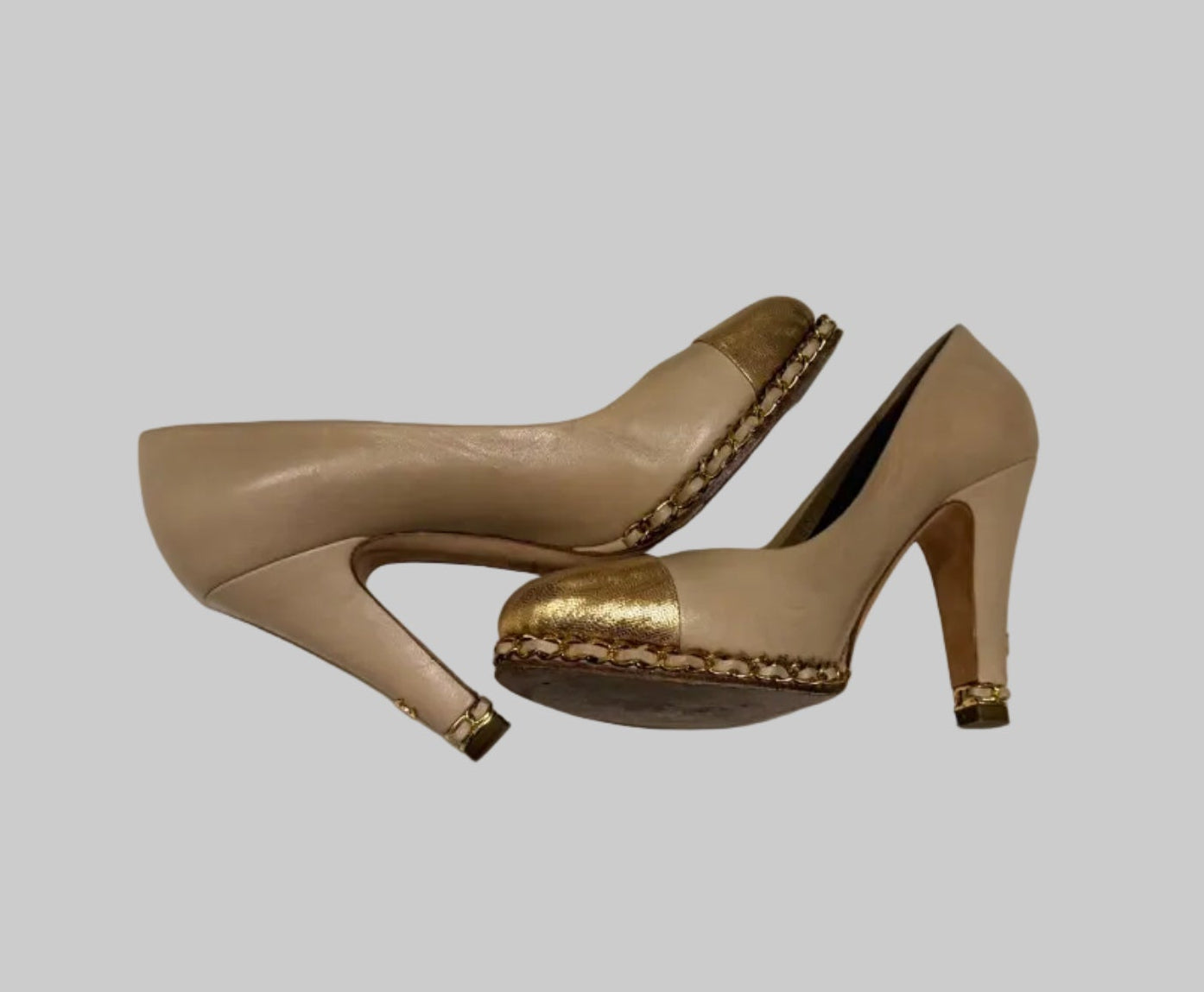 Authentic CHANEL Beige Metallic Gold Leather Cap Toe Chain Pumps IT 38.5 C Excellent Condition