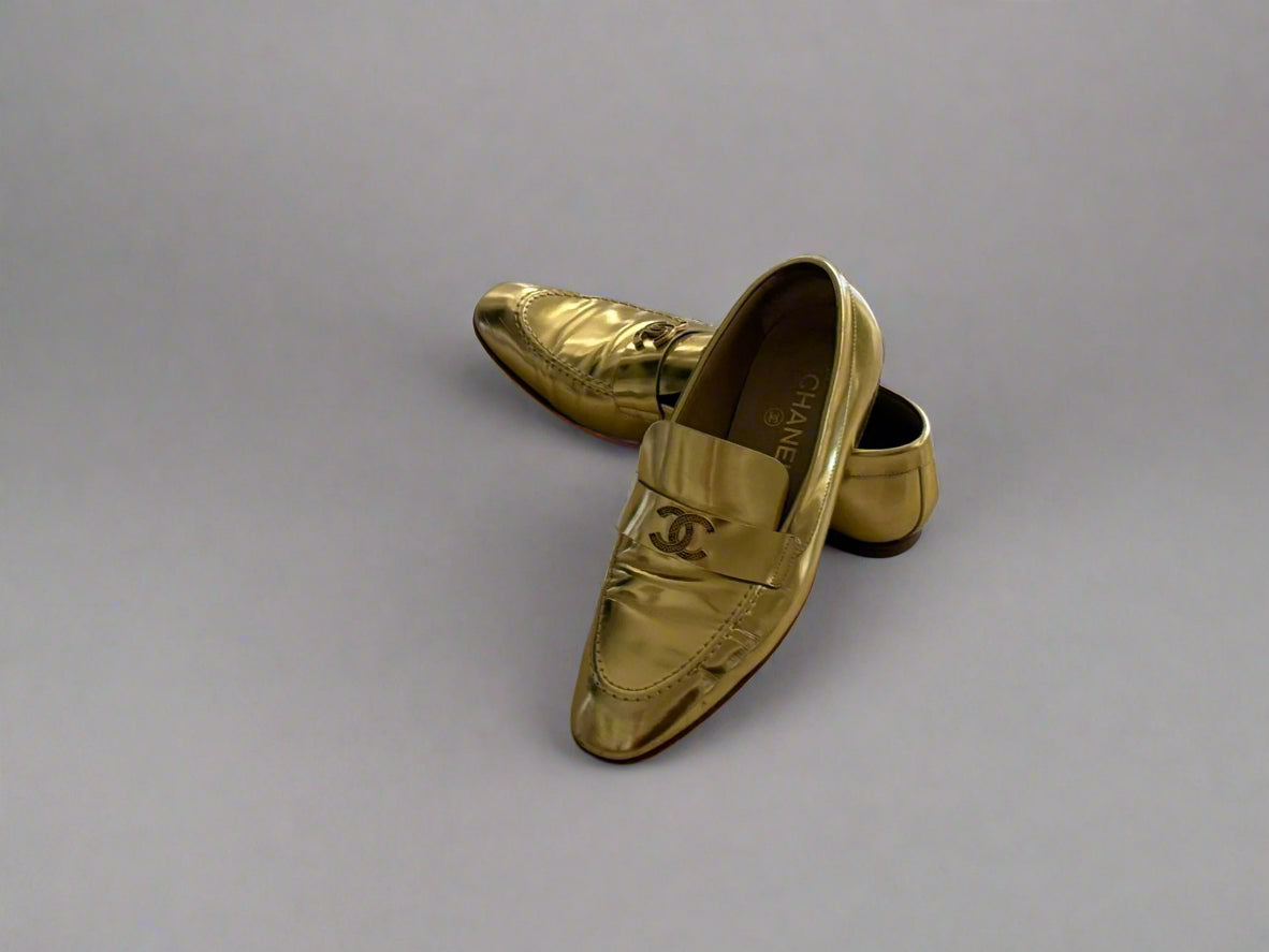 Chanel Metallic Gold Loafers – Size 38.5, Made in Italy | Iconic Luxury Shoes