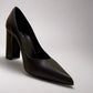 LOUIS VUITTON Black/Brown Leather and Monogram Canvas Pointed Toe Block Heel Pumps – Size 37.5 | Made in Italy