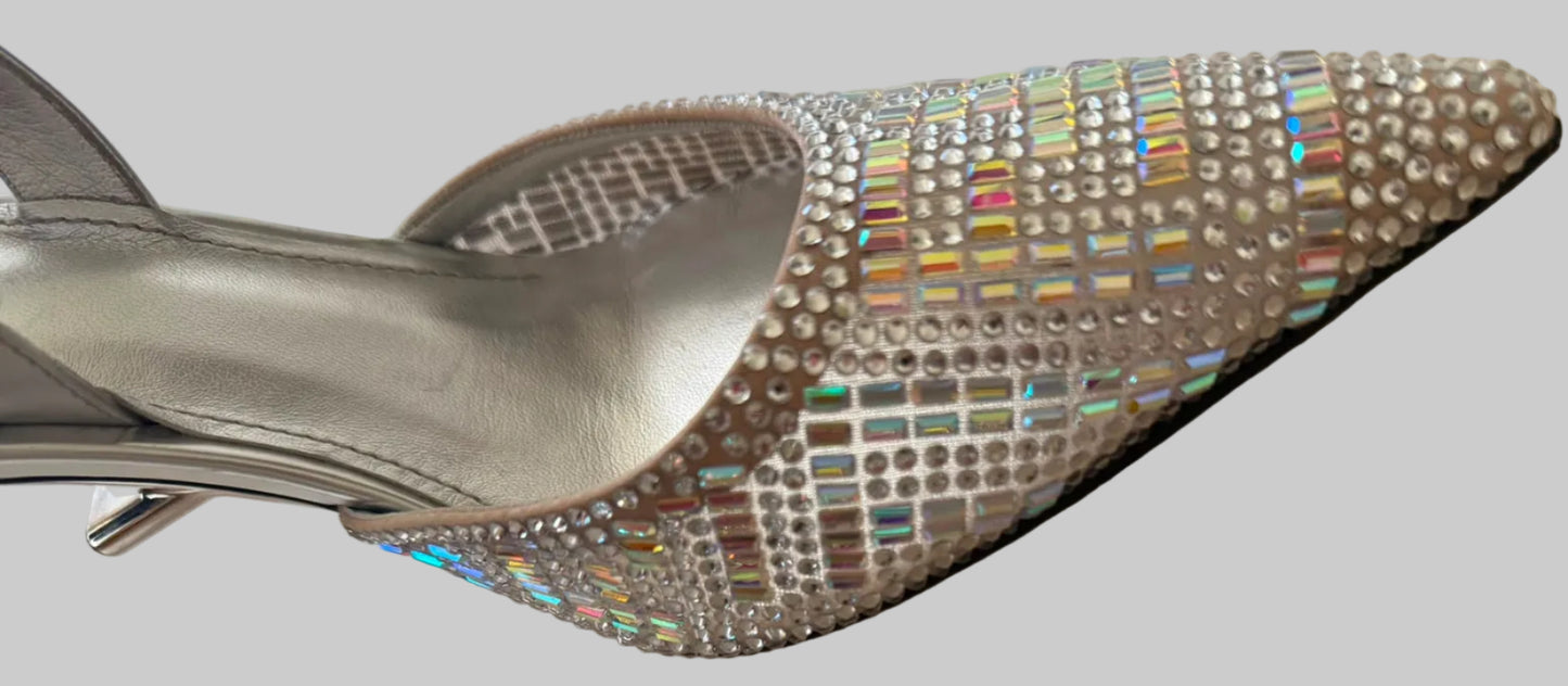 Authentic FENDI Roma Silver Crystal Slingback Pumps Sculptural Metal Heel Size IT 39 Excellent Condition