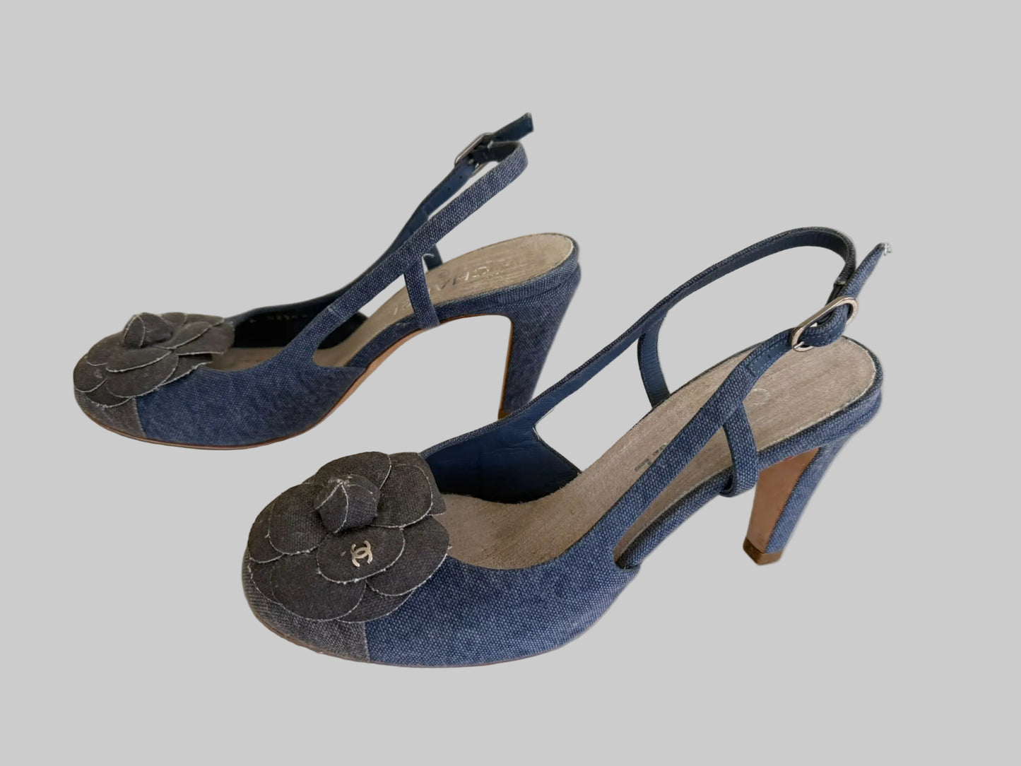 CHANEL Blue Denim Camellia Slingback Heels