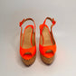 CHRISTIAN LOUBOUTIN Neon Orange Leather Une Plume Cork Wedge Platform Peep Toe Slingback Sandals Size 38