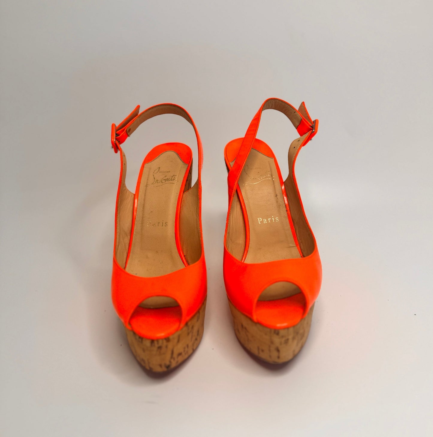 CHRISTIAN LOUBOUTIN Neon Orange Leather Une Plume Cork Wedge Platform Peep Toe Slingback Sandals Size 38