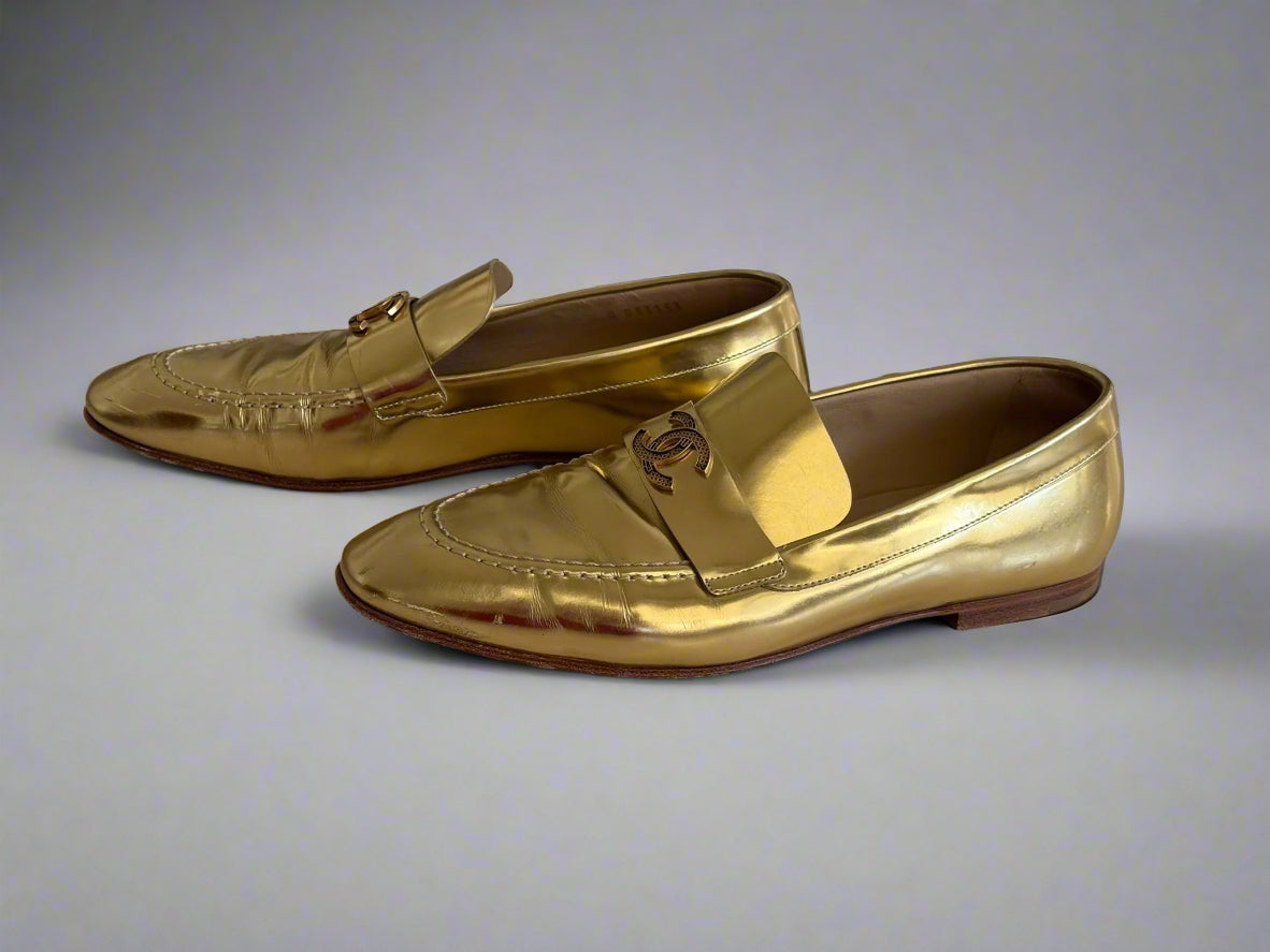 Chanel Metallic Gold Loafers – Size 38.5, Made in Italy | Iconic Luxury Shoes