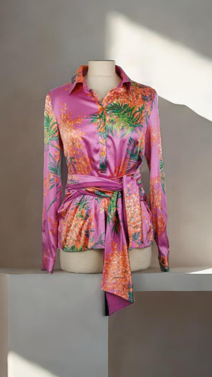 BLUMARINE Floral Pink Silk Kimono Shirt with Kimono Belt