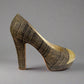 CHANEL Gold & Woven Tweed Round Toe Platform Pumps Size 37.5 - Elegant Secondhand Luxury