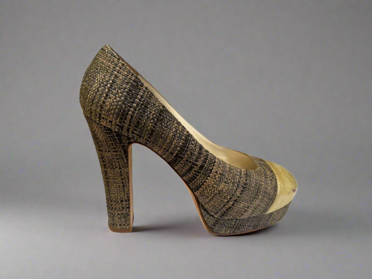 CHANEL Gold & Woven Tweed Round Toe Platform Pumps Size 37.5 - Elegant Secondhand Luxury