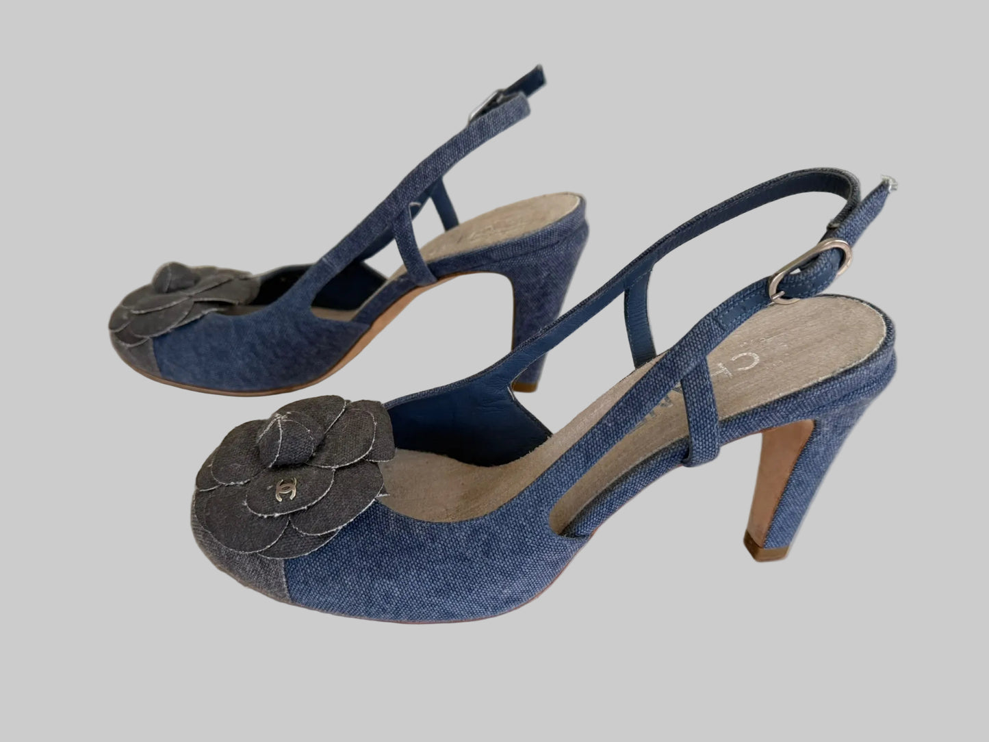 CHANEL Blue Denim Camellia Slingback Heels IT 38.5 C