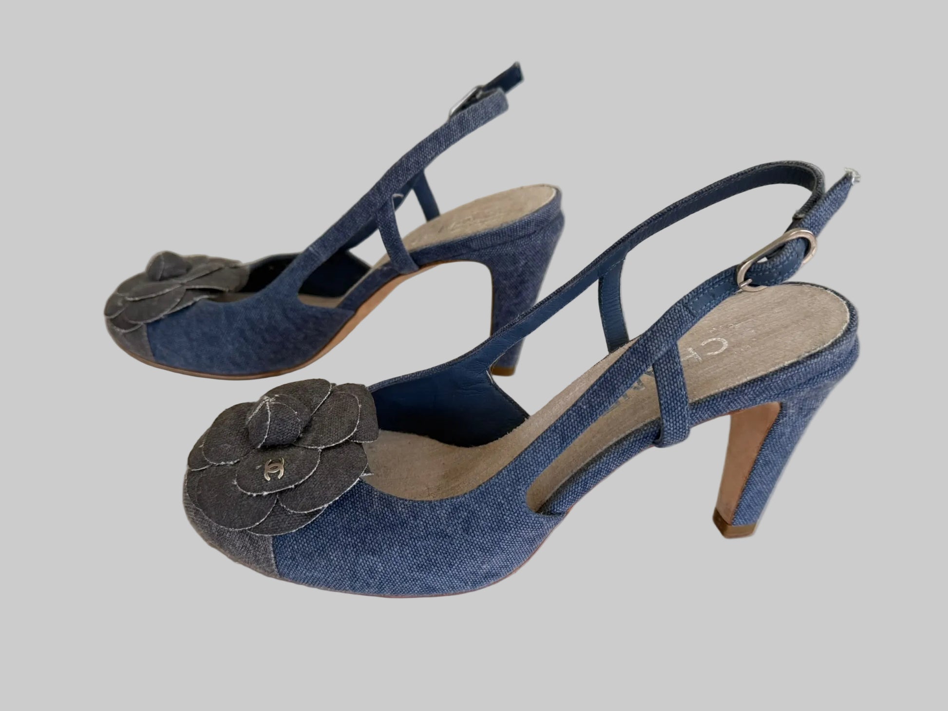 CHANEL Blue Denim Camellia Slingback Heels IT 38.5 C