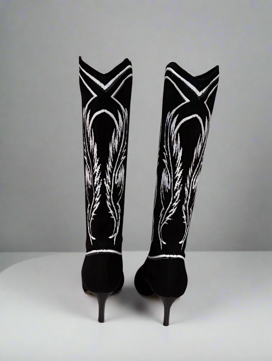 CHRISTIAN DIOR Black & White Flame Cowboy Boots