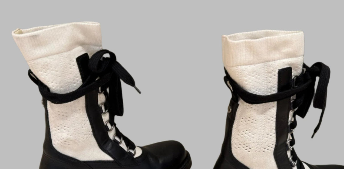 CHRISTIAN DIOR Black Leather & White Knit Lace-Up Combat Boots – Size 38 | Luxury Designer Footwear