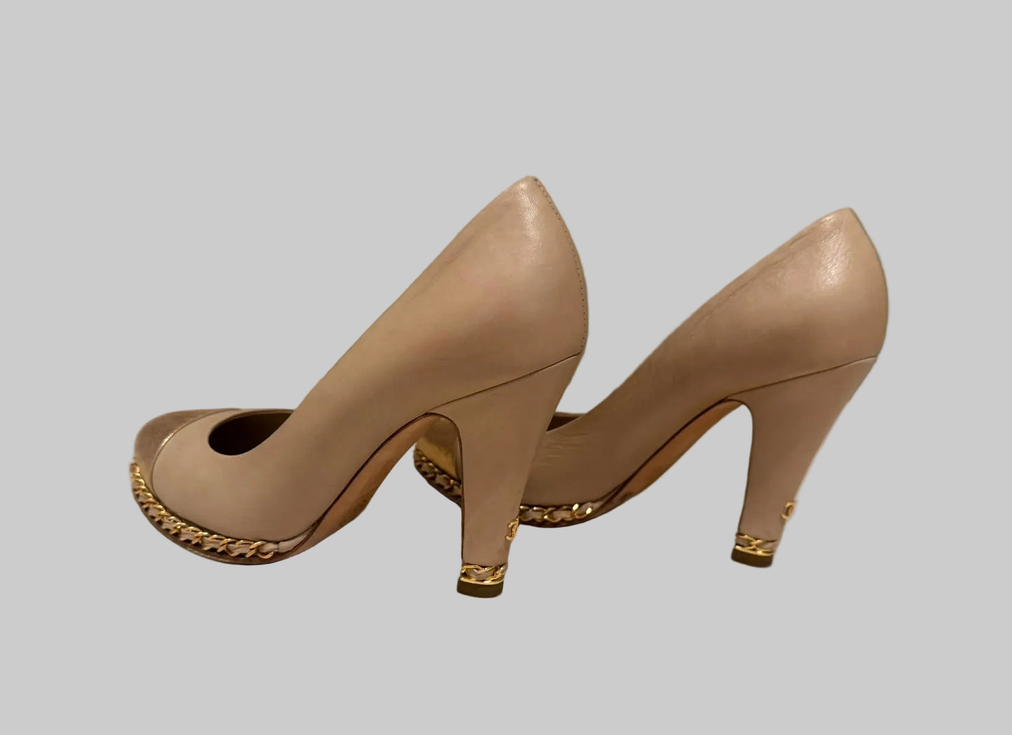 Authentic CHANEL Beige Metallic Gold Leather Cap Toe Chain Pumps IT 38.5 C Excellent Condition