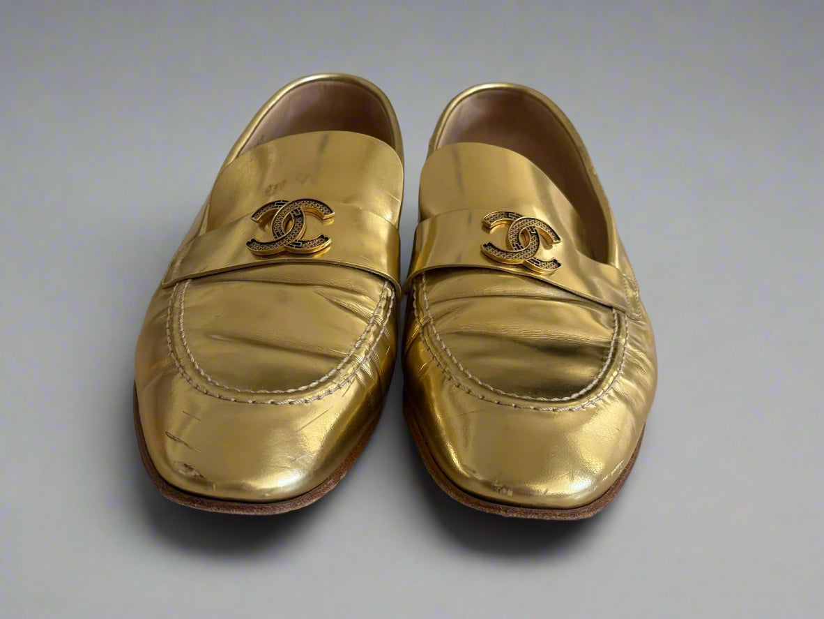 Chanel Metallic Gold Loafers – Size 38.5, Made in Italy | Iconic Luxury Shoes