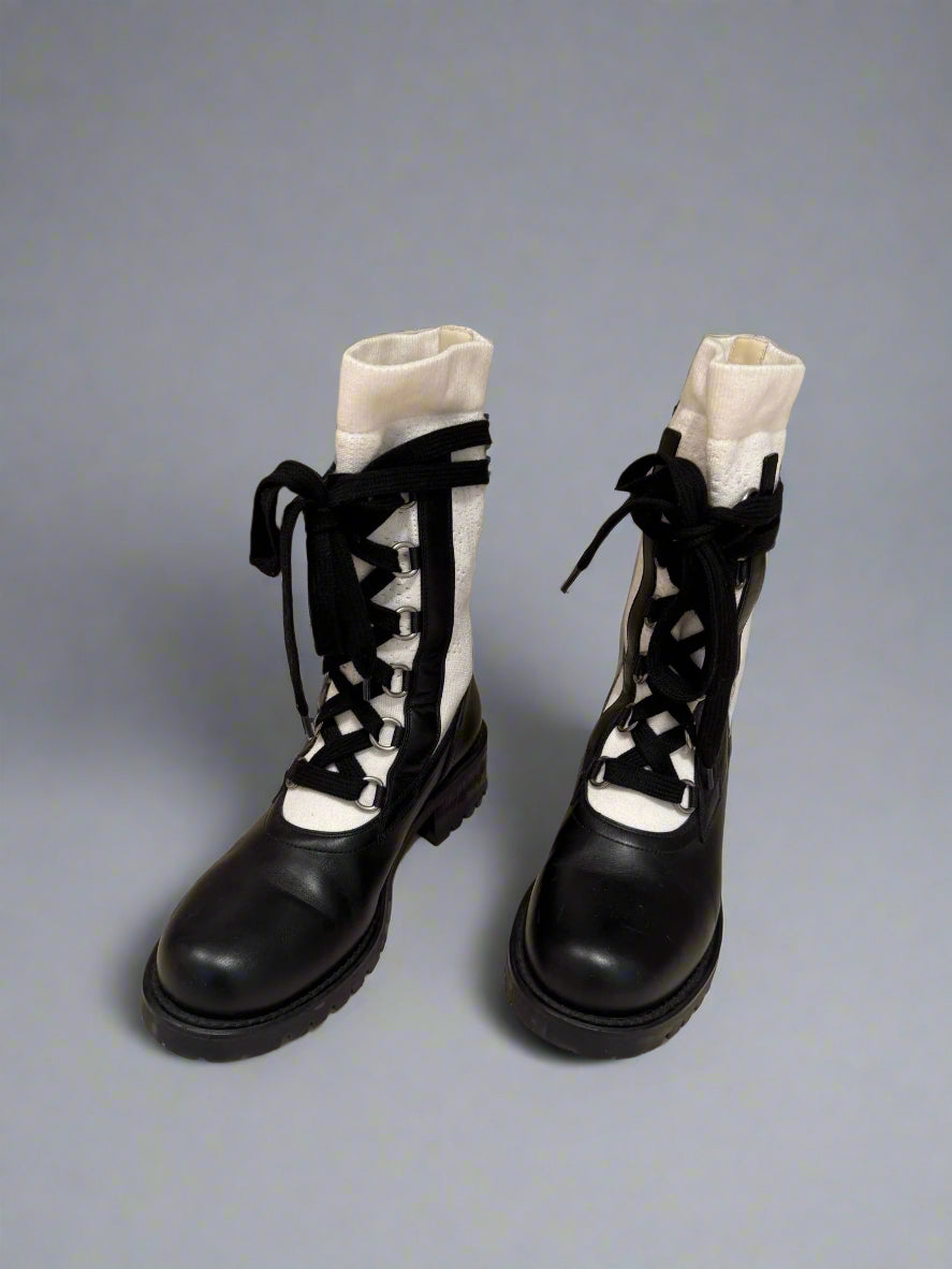 Christian Dior Black Leather & White Knit Lace-Up Combat Boots,Luxury Designer Footwear with Strap Details