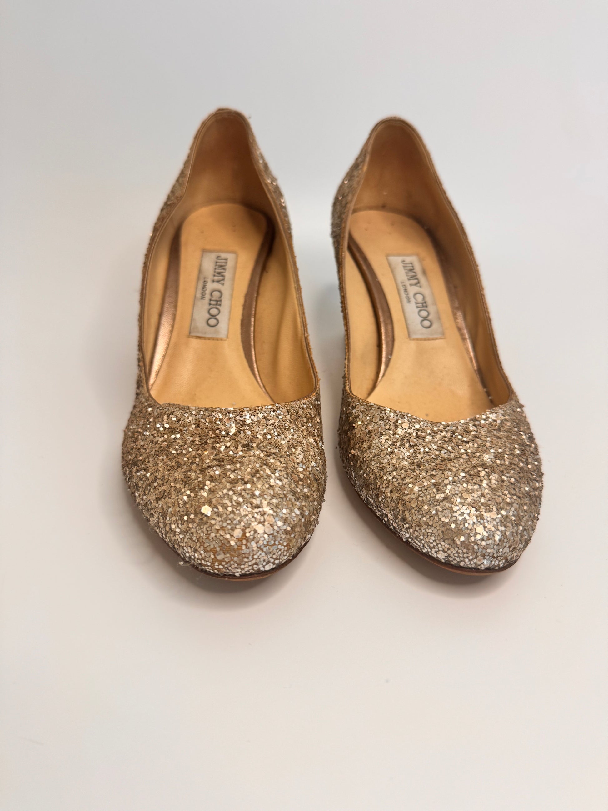 JIMMY CHOO Metallic Gold Coarse Glitter Billie Block Heel Pumps Size 38