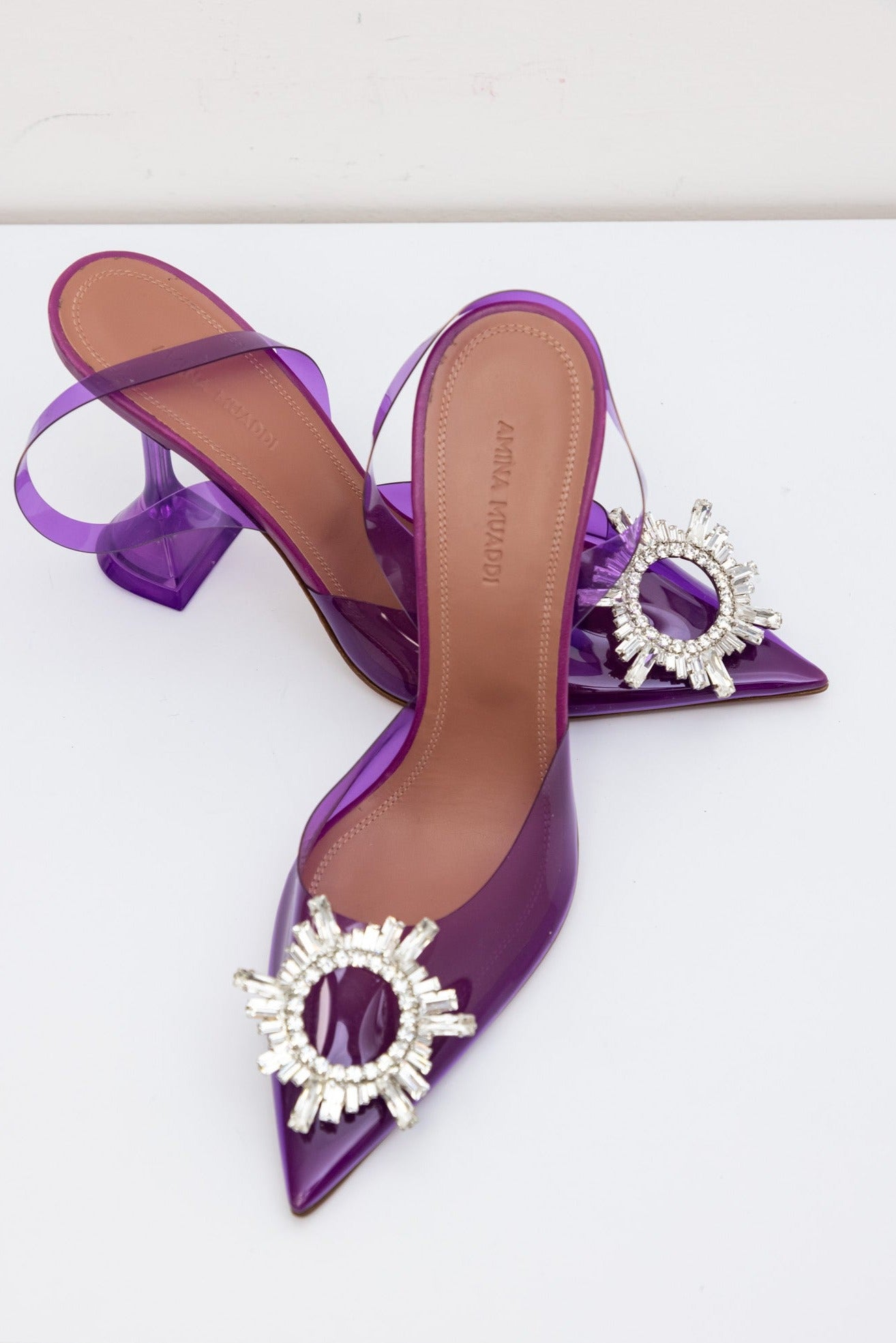 AMINA MUADDI Purple Begum Glass Crystal-Embellished Slingback Pumps | Size IT 38 | Made in Italy | New