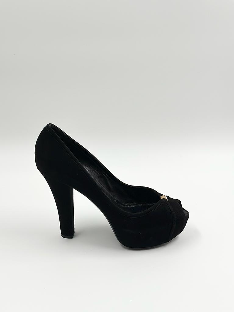 Louis Vuitton Black Suede Platform Pump Shoes with LV Metal Detailing | Size 39