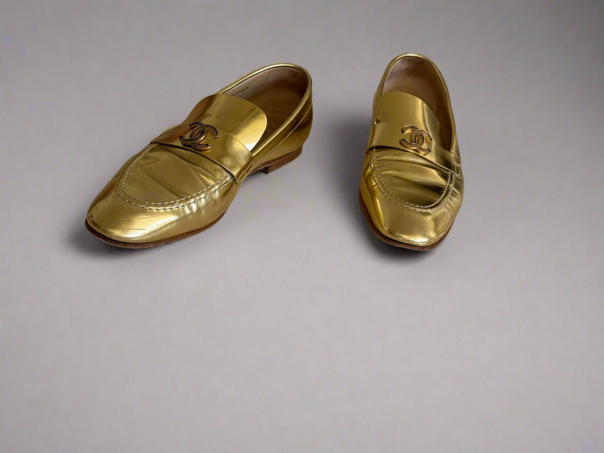 Chanel Metallic Gold Loafers – Size 38.5, Made in Italy | Iconic Luxury Shoes