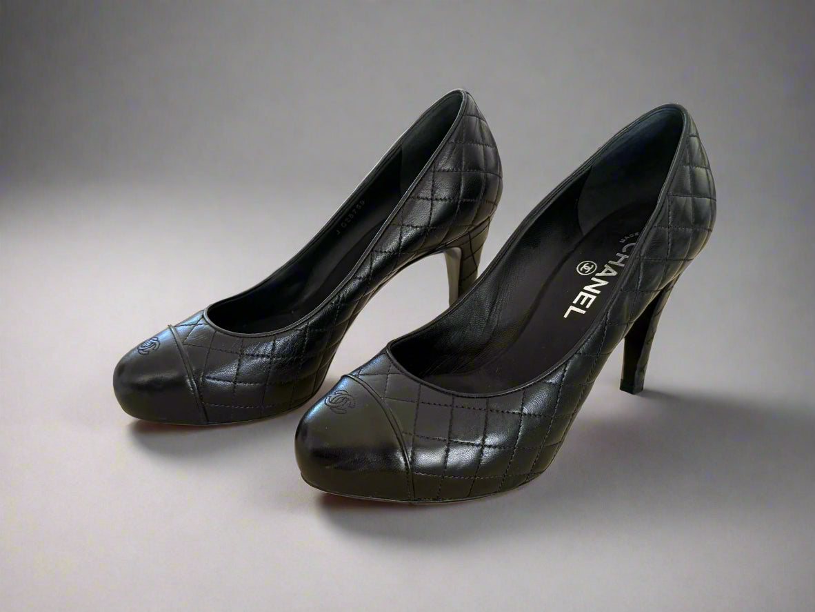 CHANEL Black Quilted Leather High Heels, Size 38 C - Timeless Elegance