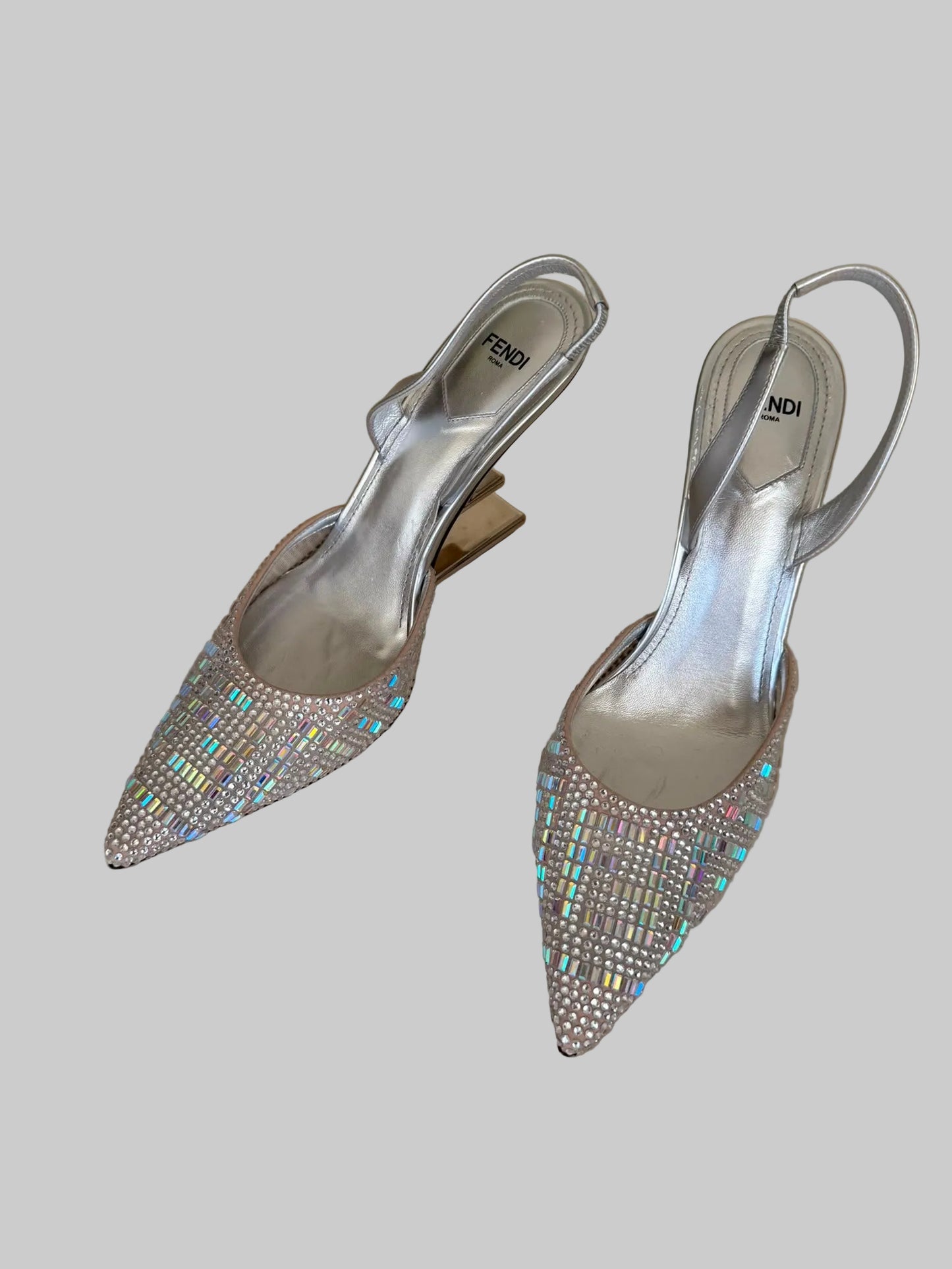 Authentic FENDI Roma Silver Crystal Slingback Pumps Sculptural Metal Heel Size IT 39 Excellent Condition