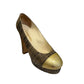 CHANEL Gold & Woven Tweed Round Toe Platform Pumps Size 37.5 - Elegant Secondhand Luxury