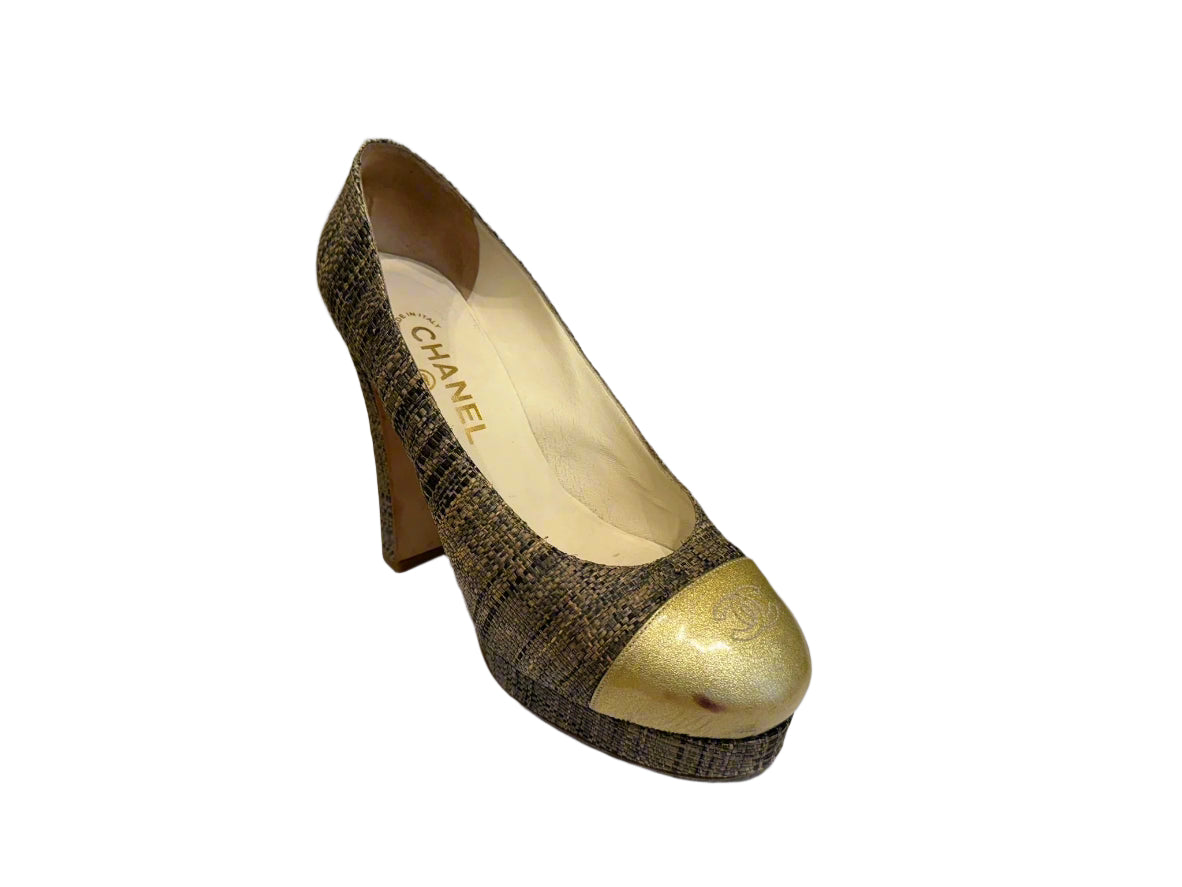 CHANEL Gold & Woven Tweed Round Toe Platform Pumps Size 37.5 - Elegant Secondhand Luxury