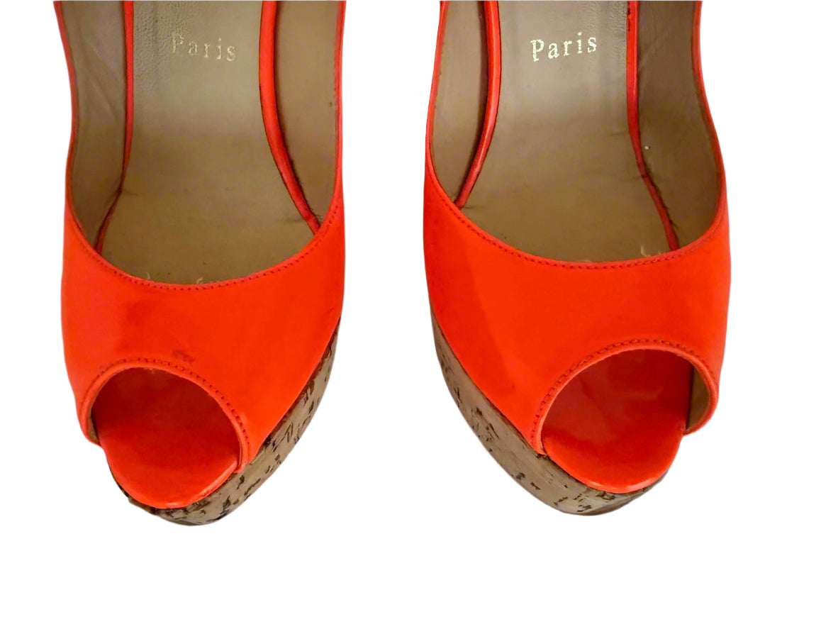 CHRISTIAN LOUBOUTIN Neon Orange Leather Une Plume Cork Wedge Platform Peep Toe Slingback Sandals Size 38