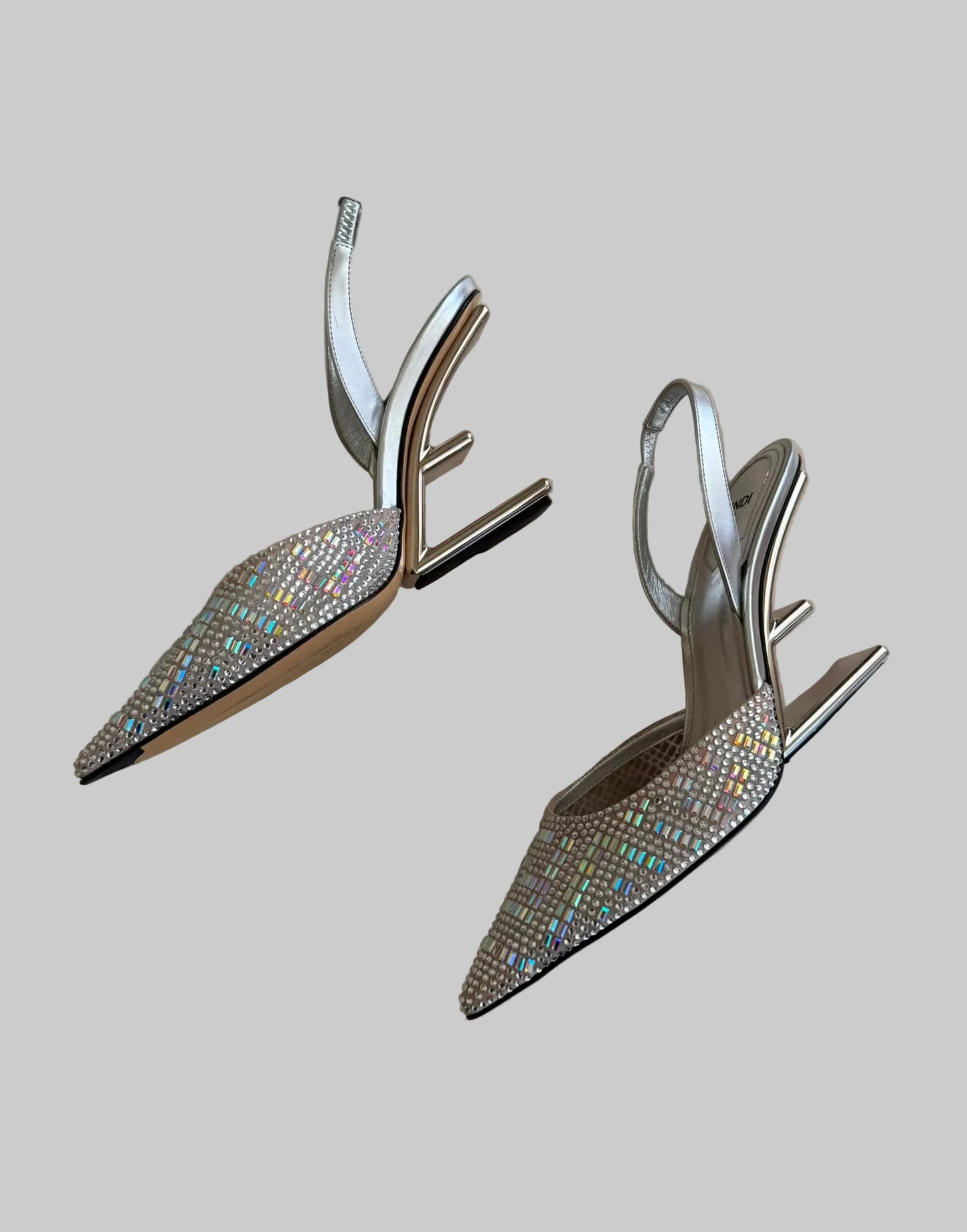 Authentic FENDI Roma Silver Crystal Slingback Pumps Sculptural Metal Heel Size IT 39 Excellent Condition