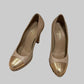 Chanel beige metallic gold leather cap toe chain platform pumps