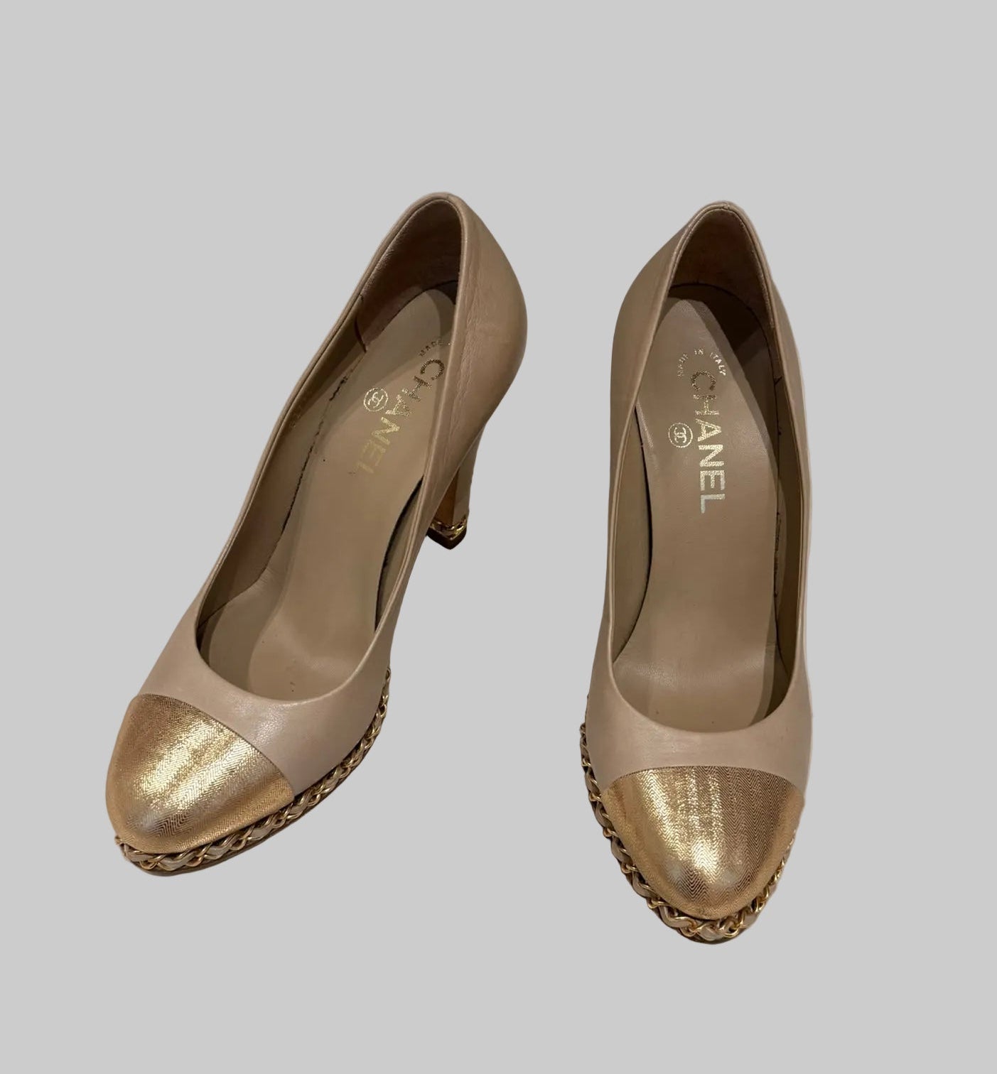 Chanel beige metallic gold leather cap toe chain platform pumps
