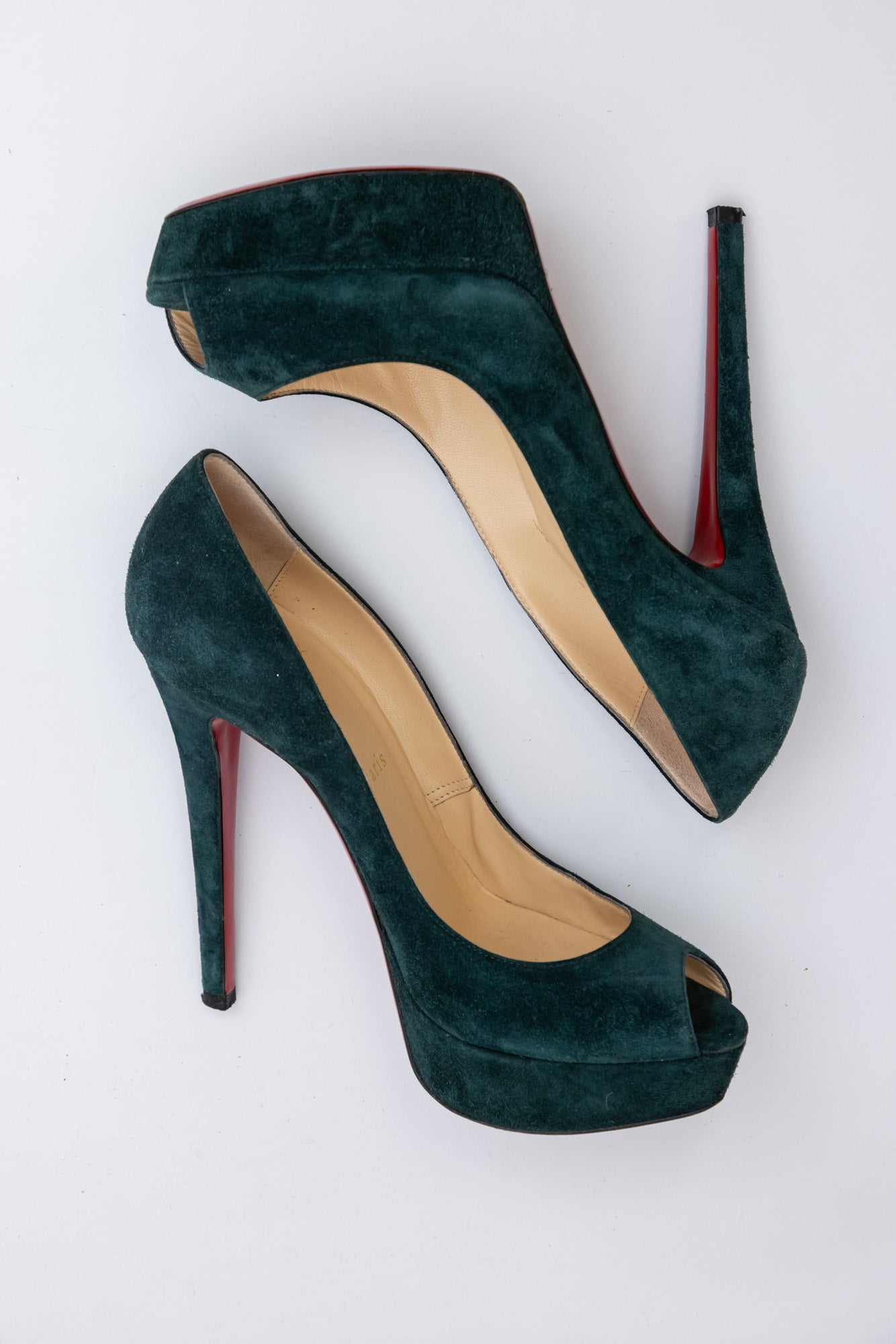 CHRISTIAN LOUBOUTIN Green Suede Red Bottom Open Toed Pumps InFashionForever