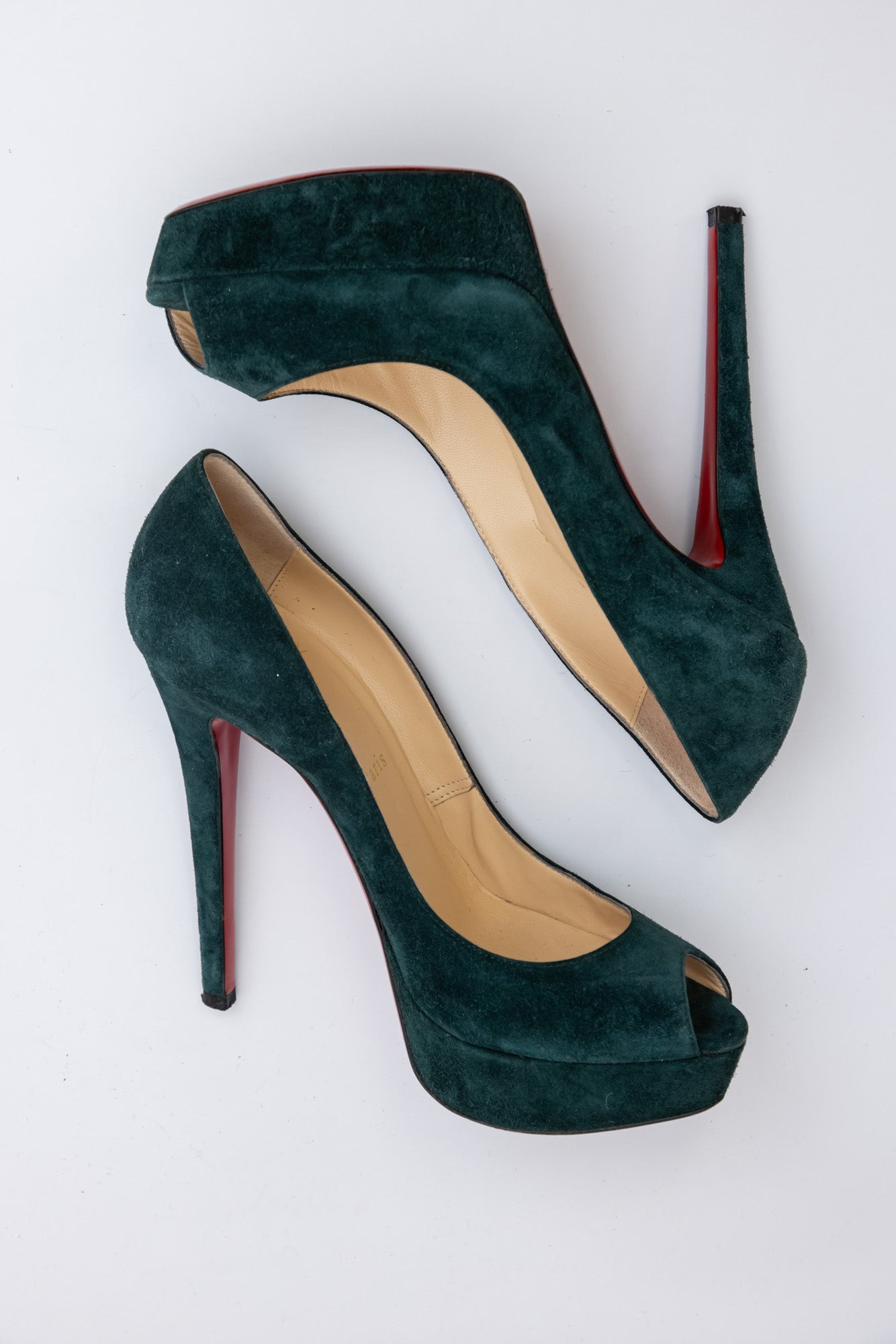 CHRISTIAN LOUBOUTIN Green Suede Red Bottom Open-Toed Pumps