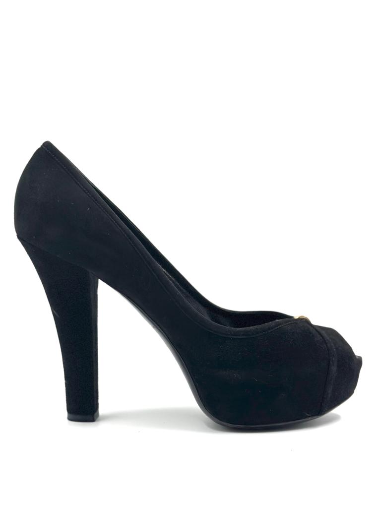 Louis Vuitton Black Suede Platform Pump Shoes with LV Metal Detailing | Size 39