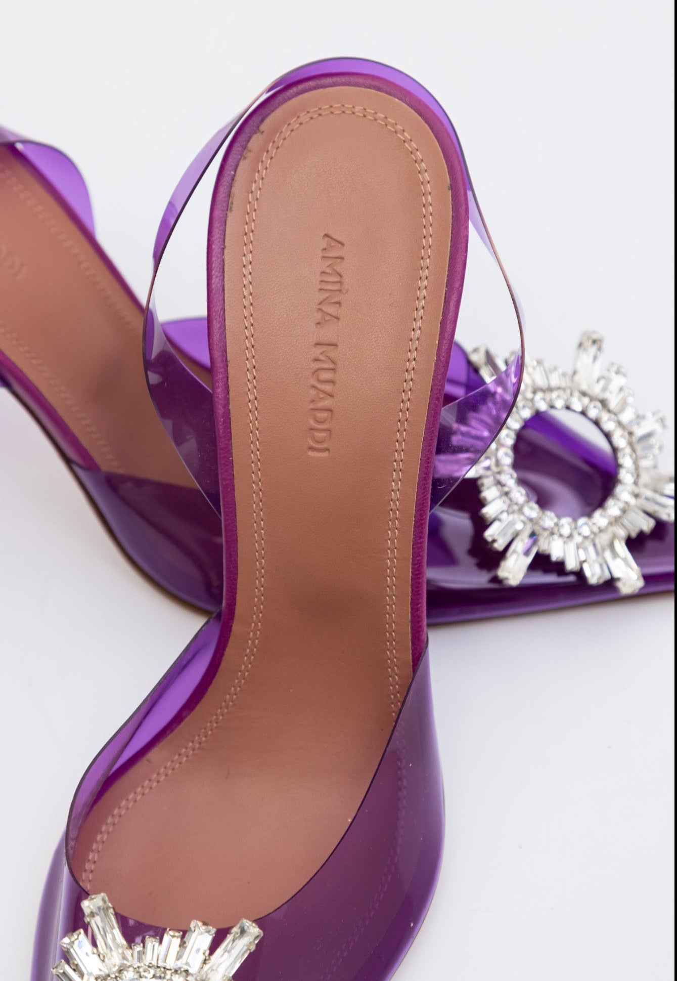 AMINA MUADDI Purple Begum Glass Slingback Heels | Size IT 38 | Made in Italy | New
