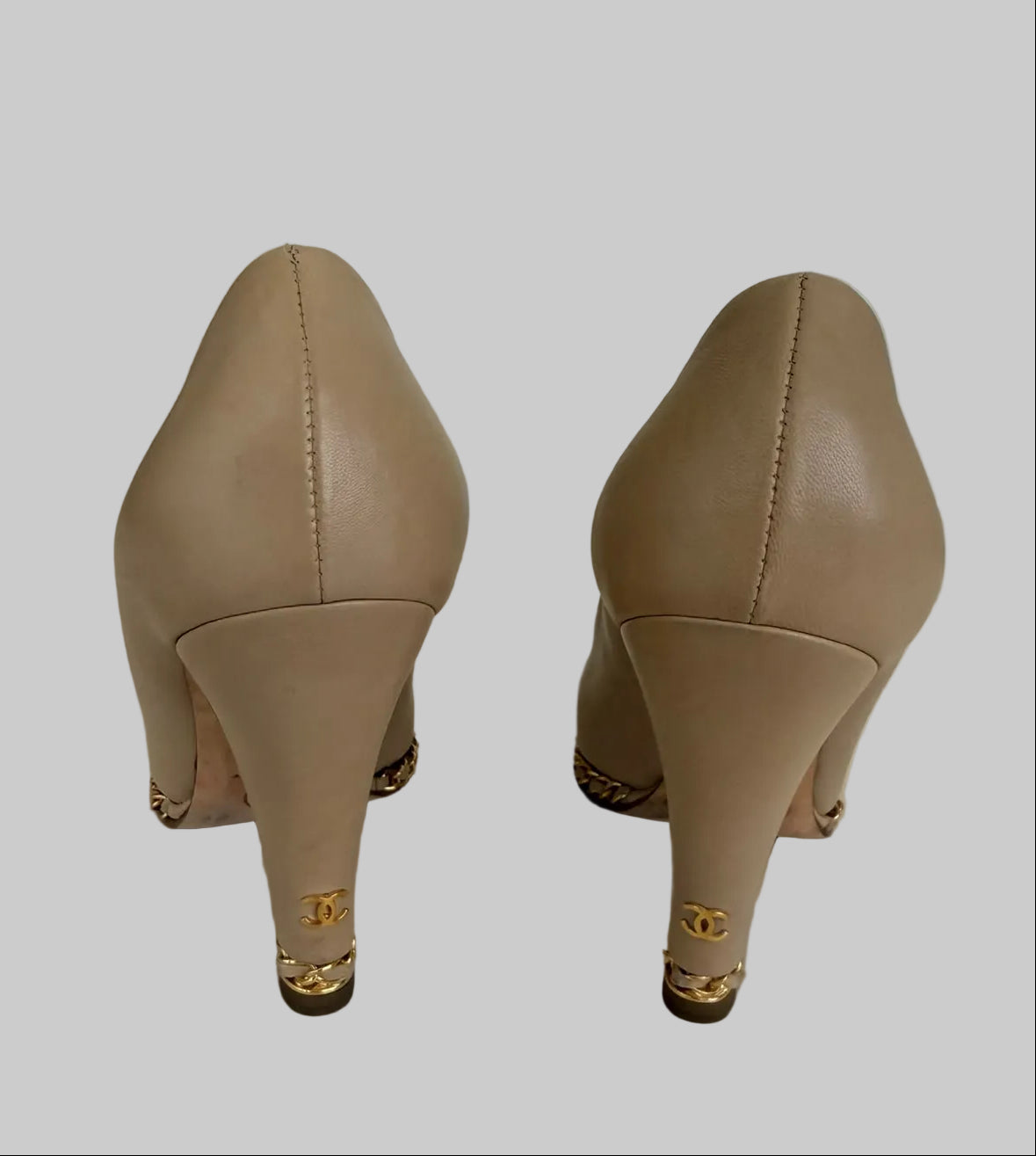Authentic CHANEL Beige Metallic Gold Leather Cap Toe Chain Pumps IT 38.5 C Excellent Condition