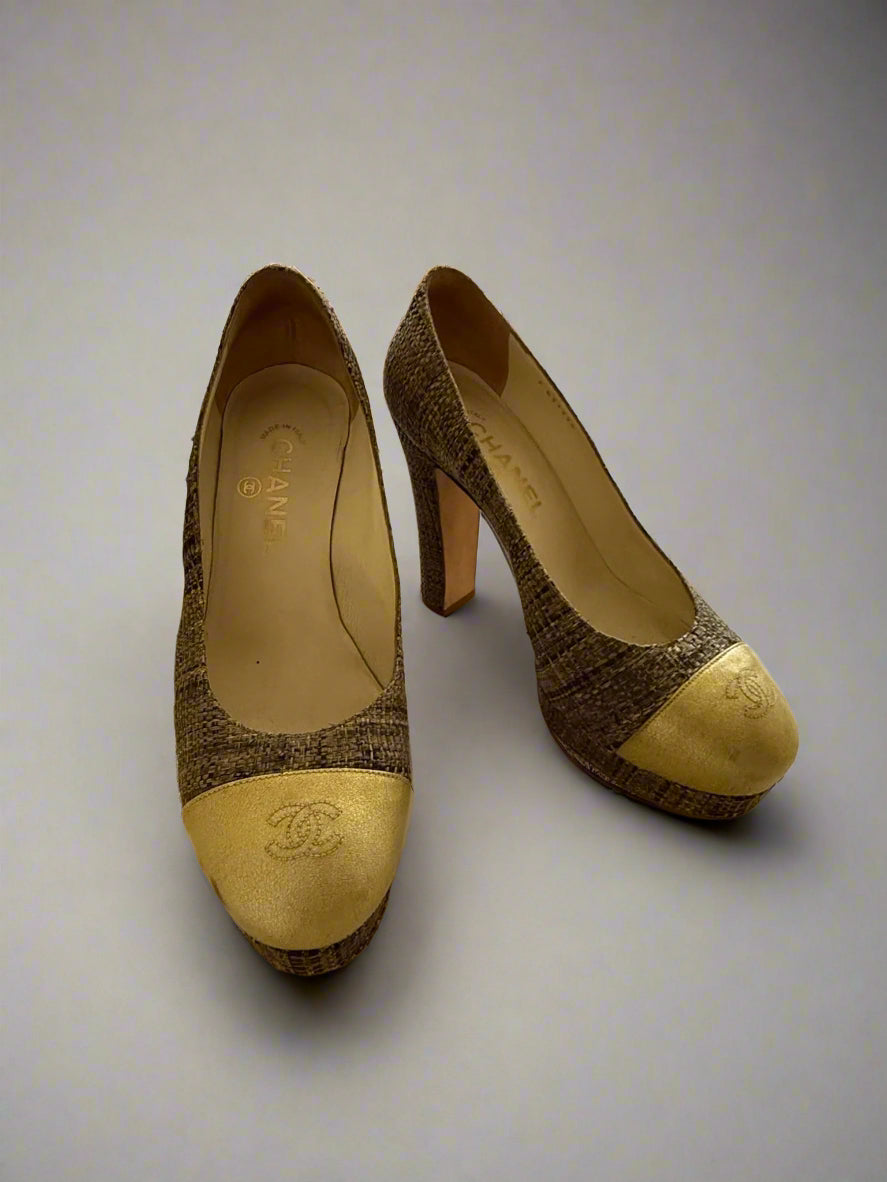 CHANEL Gold & Woven Tweed Round Toe Platform Pumps Size 37.5