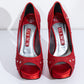 GINA Red Satin Crystal Embellished Peep Toe Platform Pumps